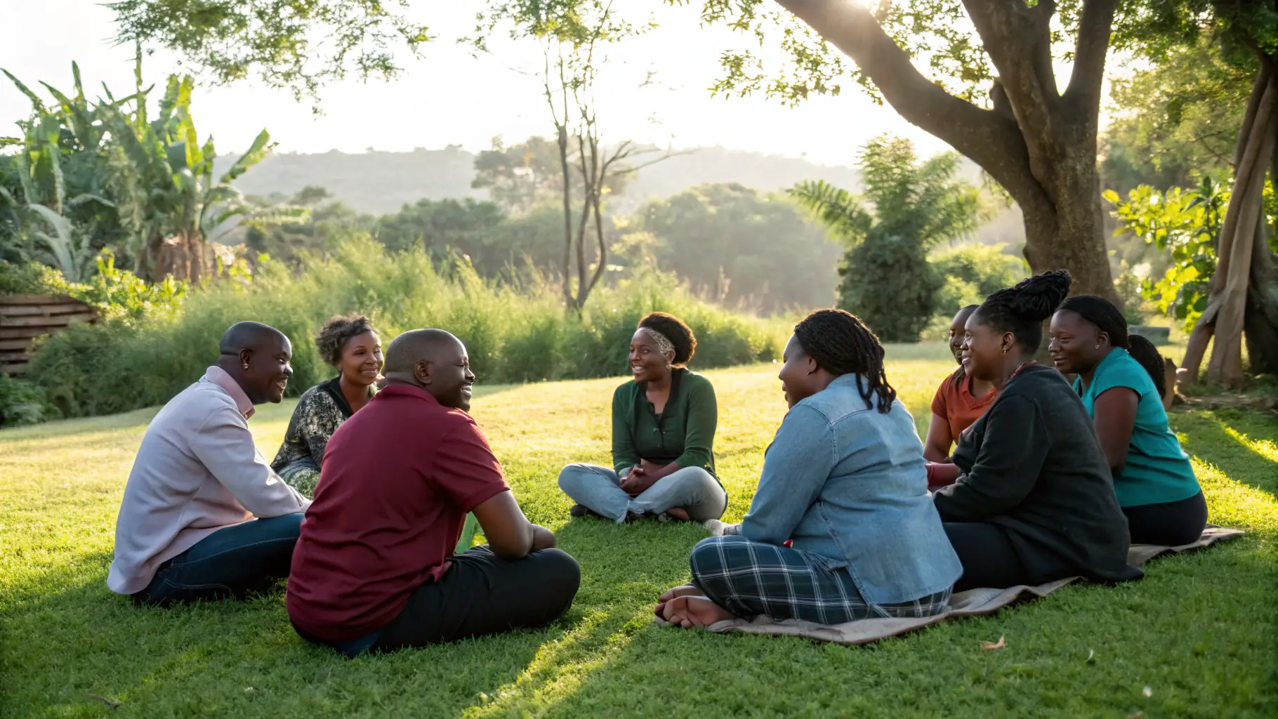 A group of South African people sitting in a circle, sharing stories and laughter, embodying the spirit of Ubuntu.