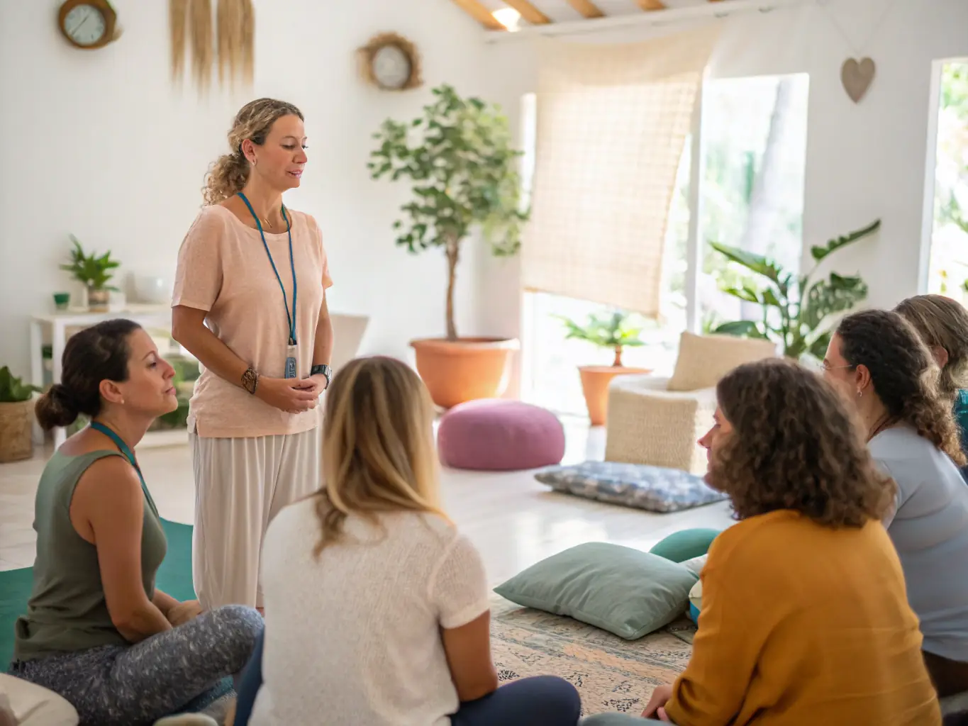 A peaceful image of a group participating in a mindfulness workshop in a traditional South African setting.