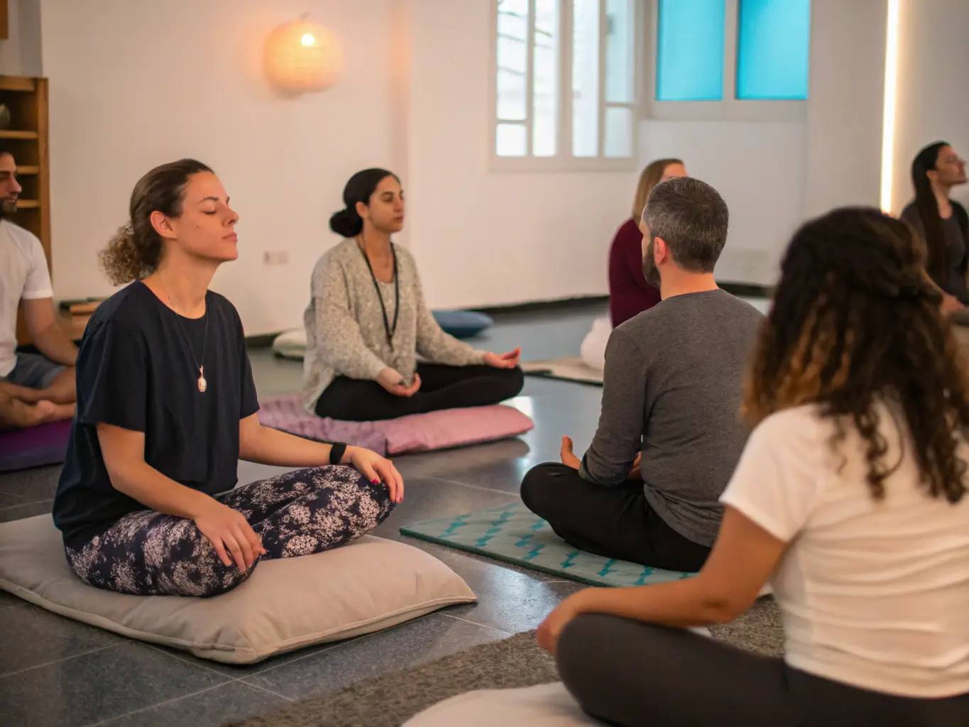 A group of people participating in a guided meditation session indoors, with soft lighting and a calming atmosphere, representing a meditation workshop.