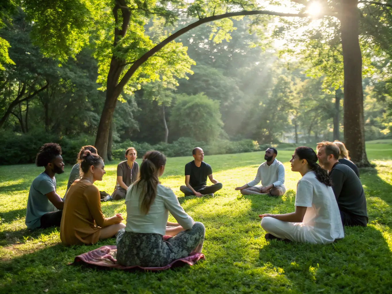 A serene image of a group meditating outdoors in a lush, green South African setting, symbolizing a mindfulness retreat.