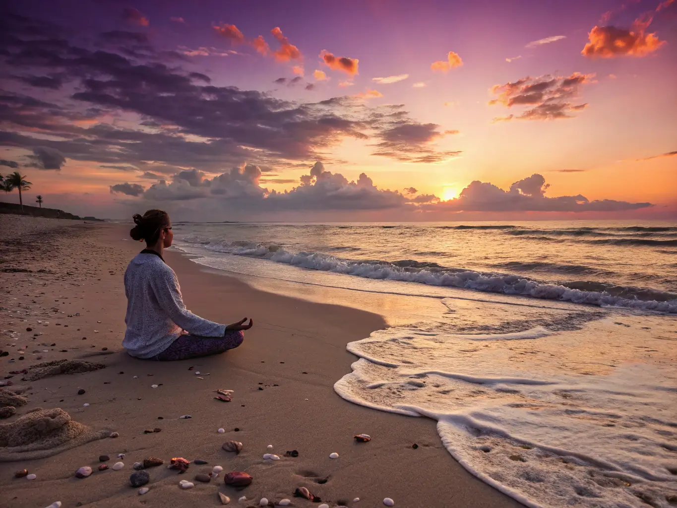 A tranquil scene of a meditation session on a beach near Cape Town, South Africa, with the ocean in the background.