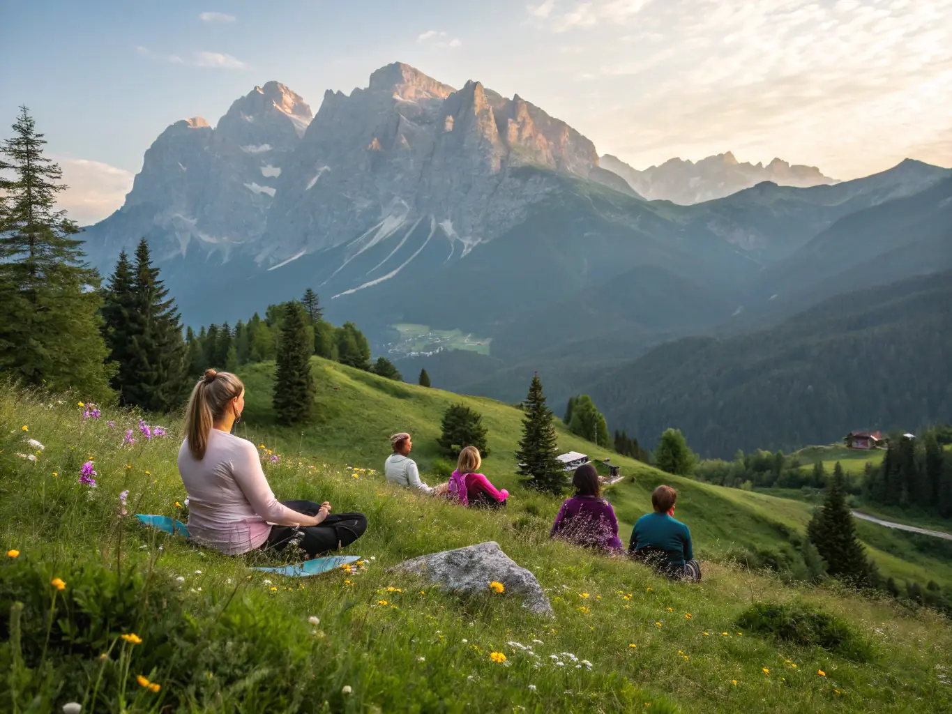 A serene image of a group meditating outdoors in the Drakensberg mountains, South Africa, with soft morning light filtering through the peaks.
