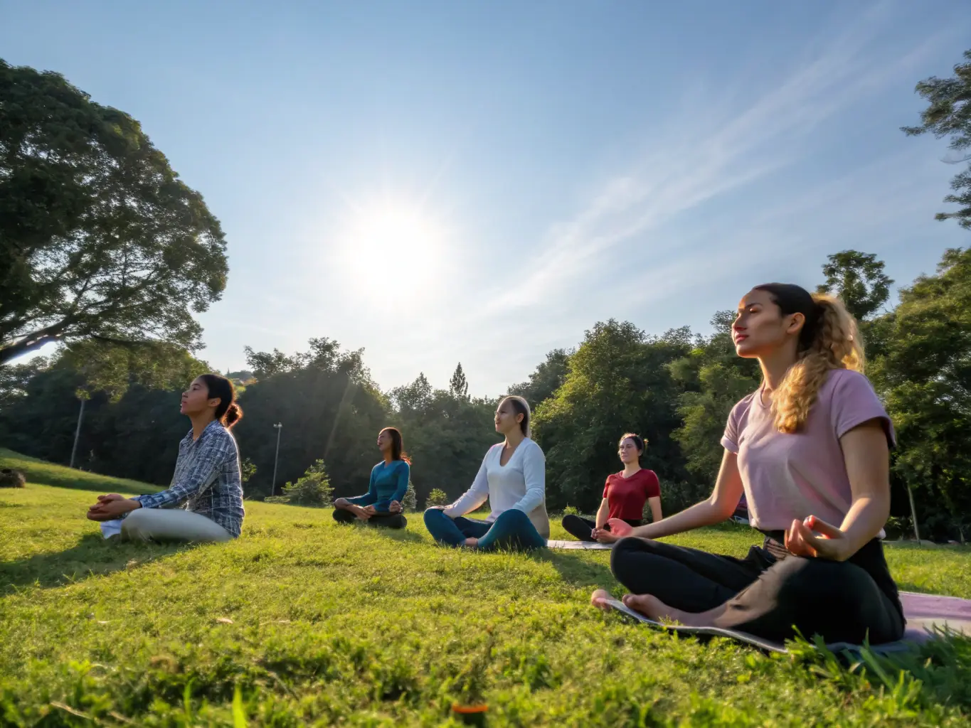 A serene image of a group meditating outdoors at sunrise in the Drakensberg mountains, South Africa. The scene should evoke peace and tranquility.