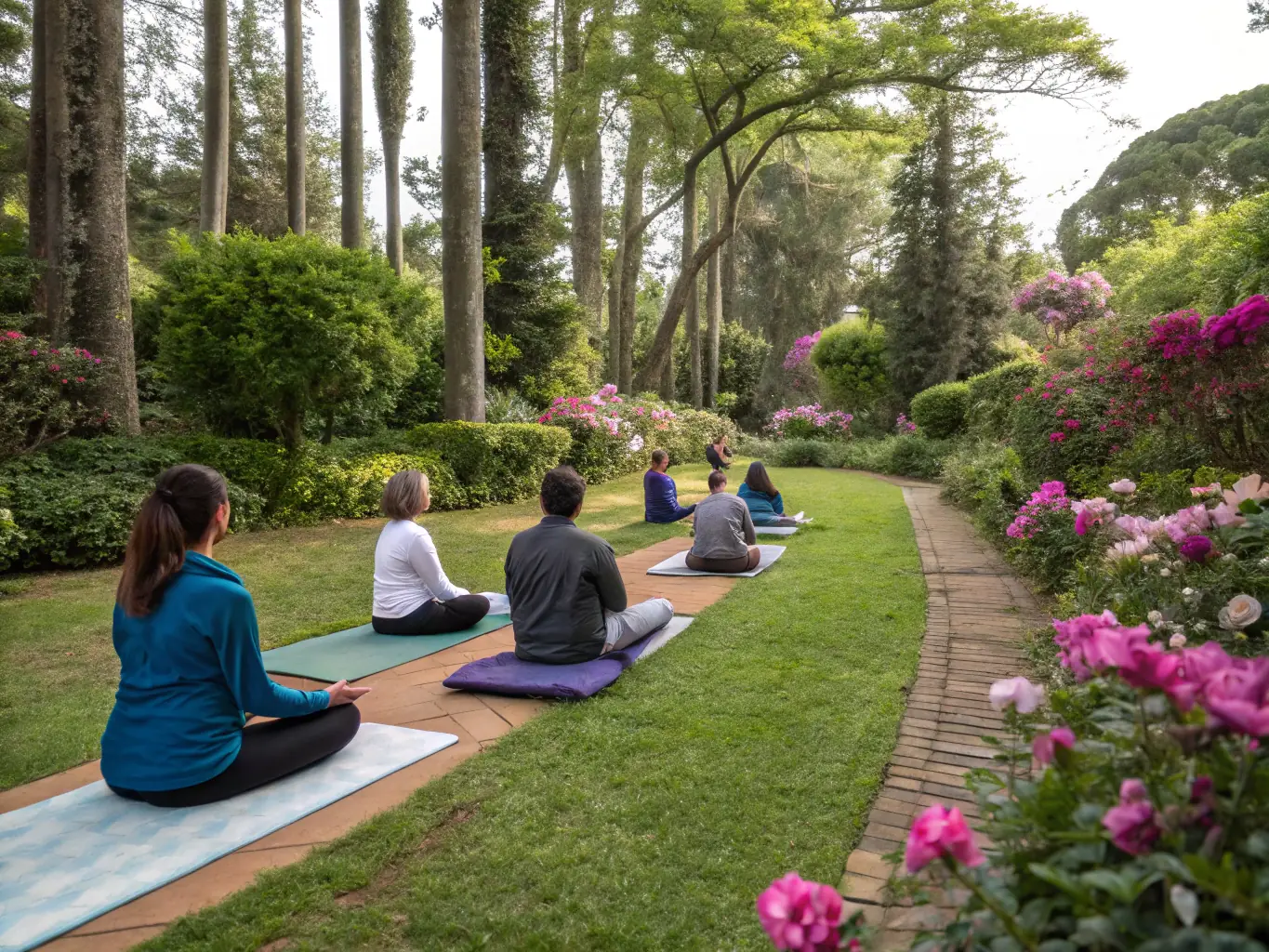 An image of a group participating in a mindfulness workshop in a tranquil garden setting in Stellenbosch, South Africa. The atmosphere should be relaxed and supportive.