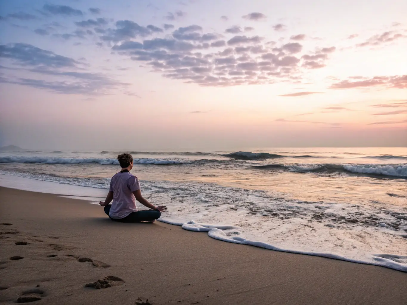 A peaceful image of a meditation session taking place on a beach in Cape Town, South Africa. The ocean should be calm and the sky clear.